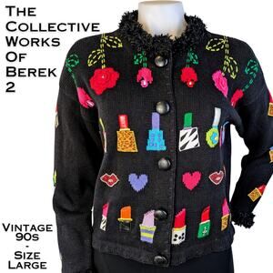 Vintage 90s Berek 2 Takaki Cropped Girly Makeup Lipstick Cardigan Sweater Large
